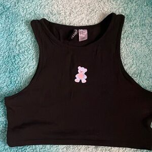 Black Crop Top with Teddy Bear Graphic